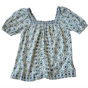 Max Studio White Boho Peasant Cotton Top W/ Blue & Green Floral Print - Size L